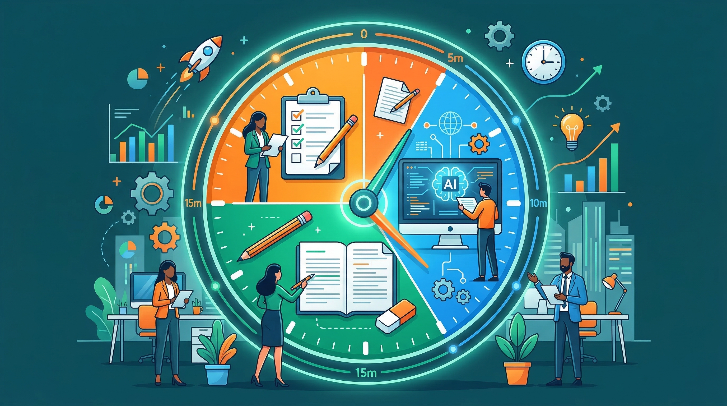 Разделение 15 минут на этапы: подготовка, генерация ИИ, редактирование