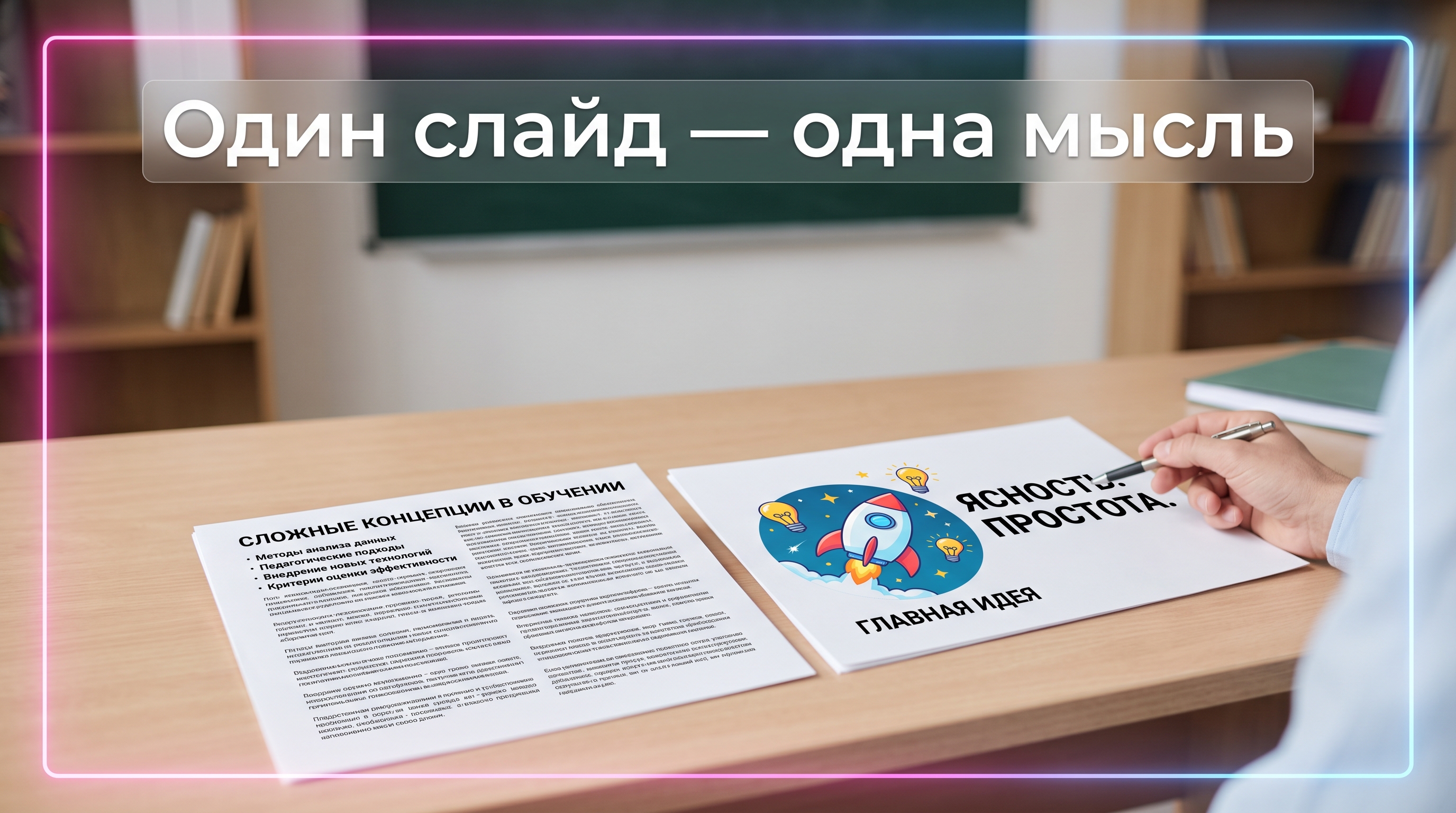 Сравнение двух слайдов: перегруженный текстом и простой с одной картинкой