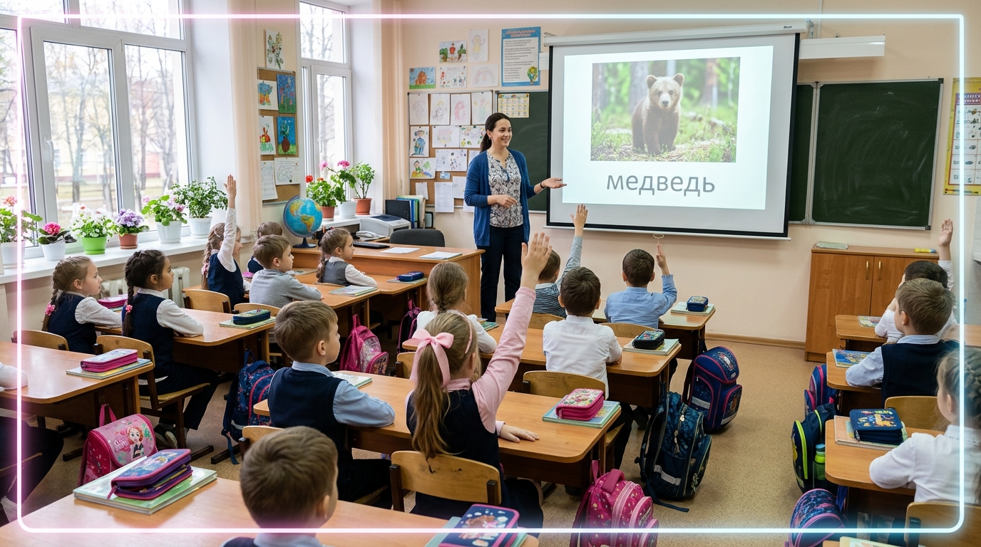 Урок во втором классе, на экране слайд с фотографией медведя и подписью