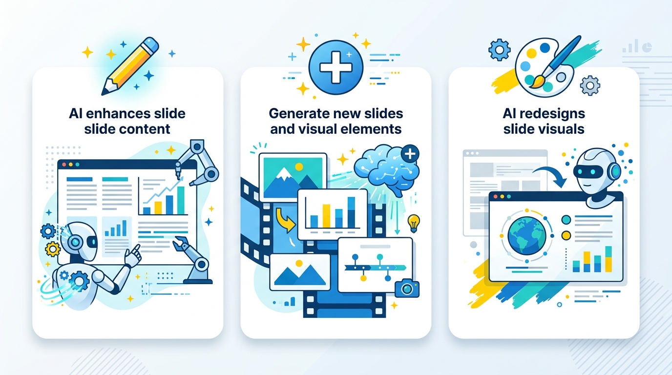 Три задачи ИИ для улучшения презентации: редактирование текста, дополнение слайдами, переоформление