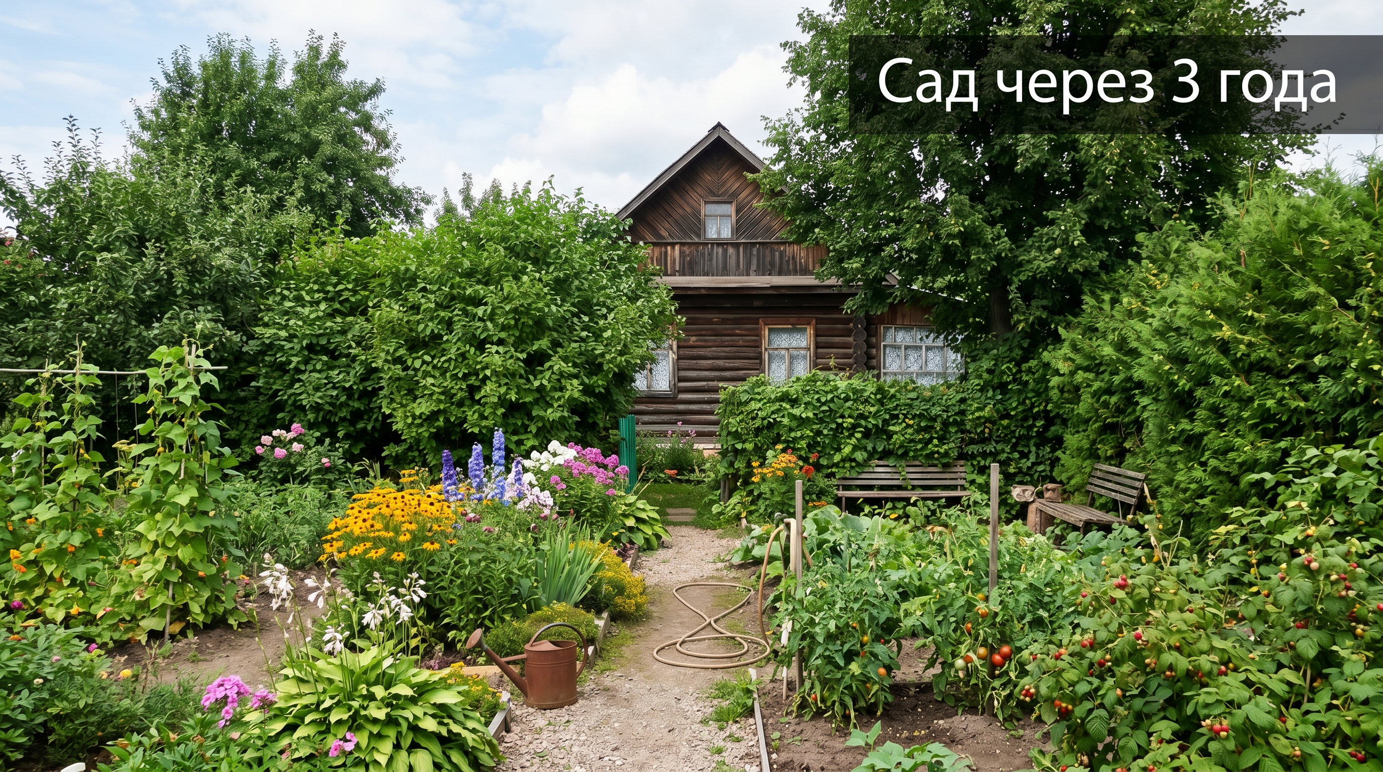 Дачный сад через несколько лет: выросшие деревья и густые посадки