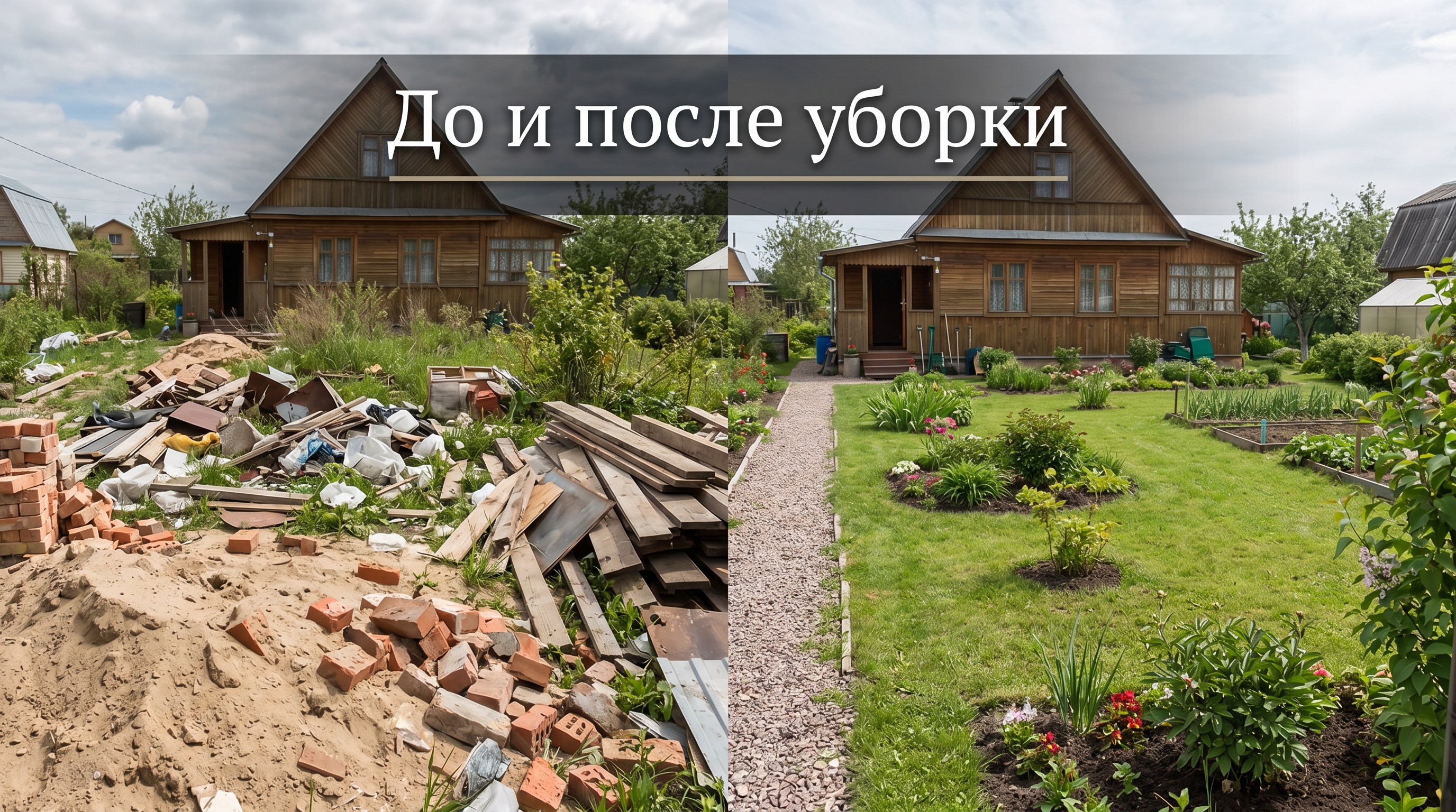 До и после: участок с строительным мусором и тот же участок убранный с газоном