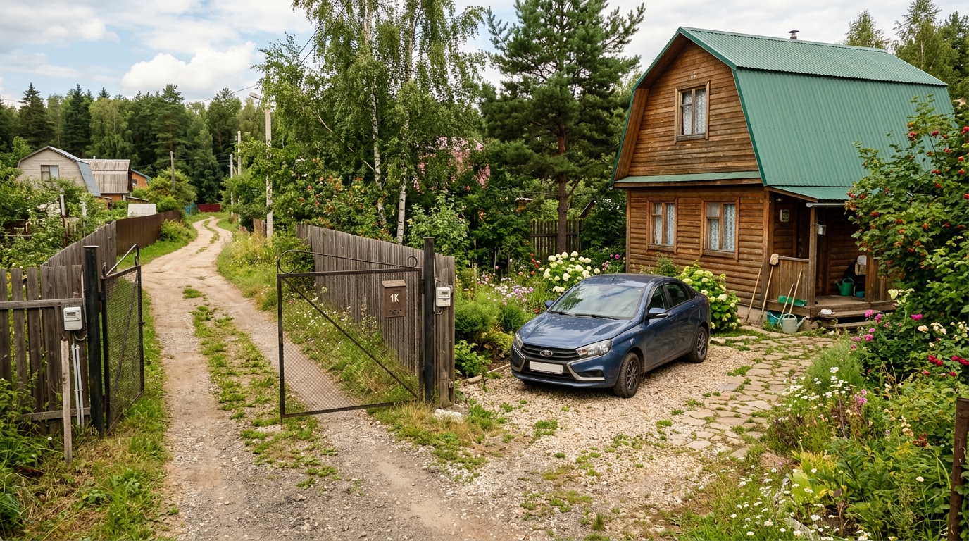 Частная парковка с машиной у въезда на дачный участок