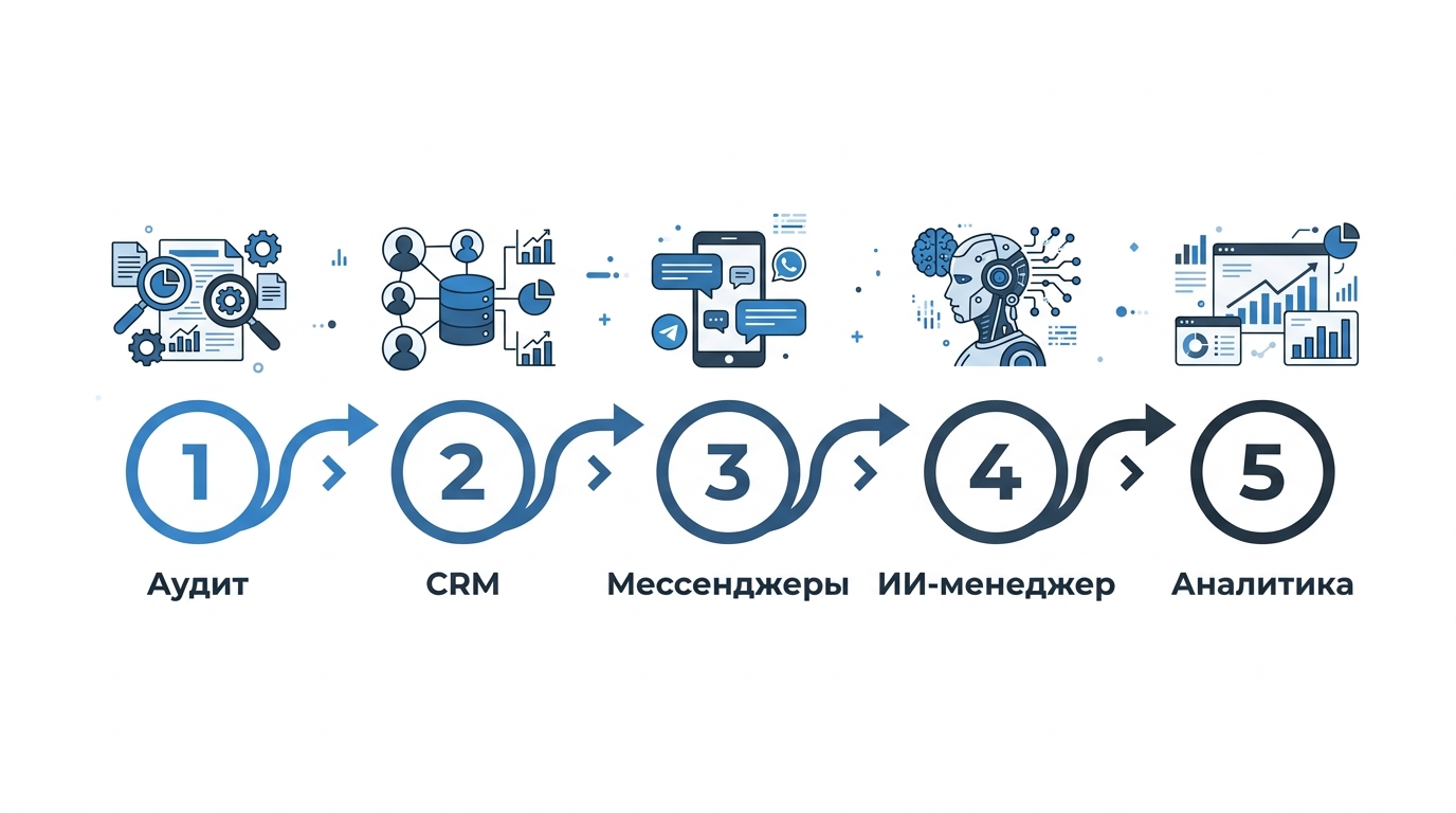 Инфографика: 5 шагов автоматизации продаж — аудит, CRM, мессенджеры, ИИ-менеджер, аналитика
