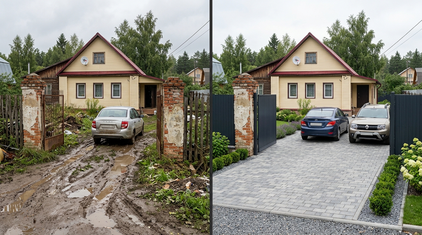Въезд и парковка на участке: грязь и после благоустройства