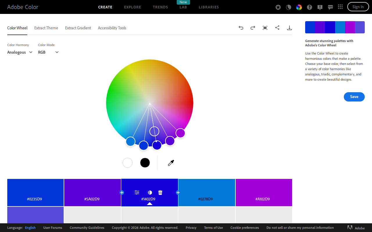 Скриншот Adobe Color Wheel — подбор палитры по правилам колористики