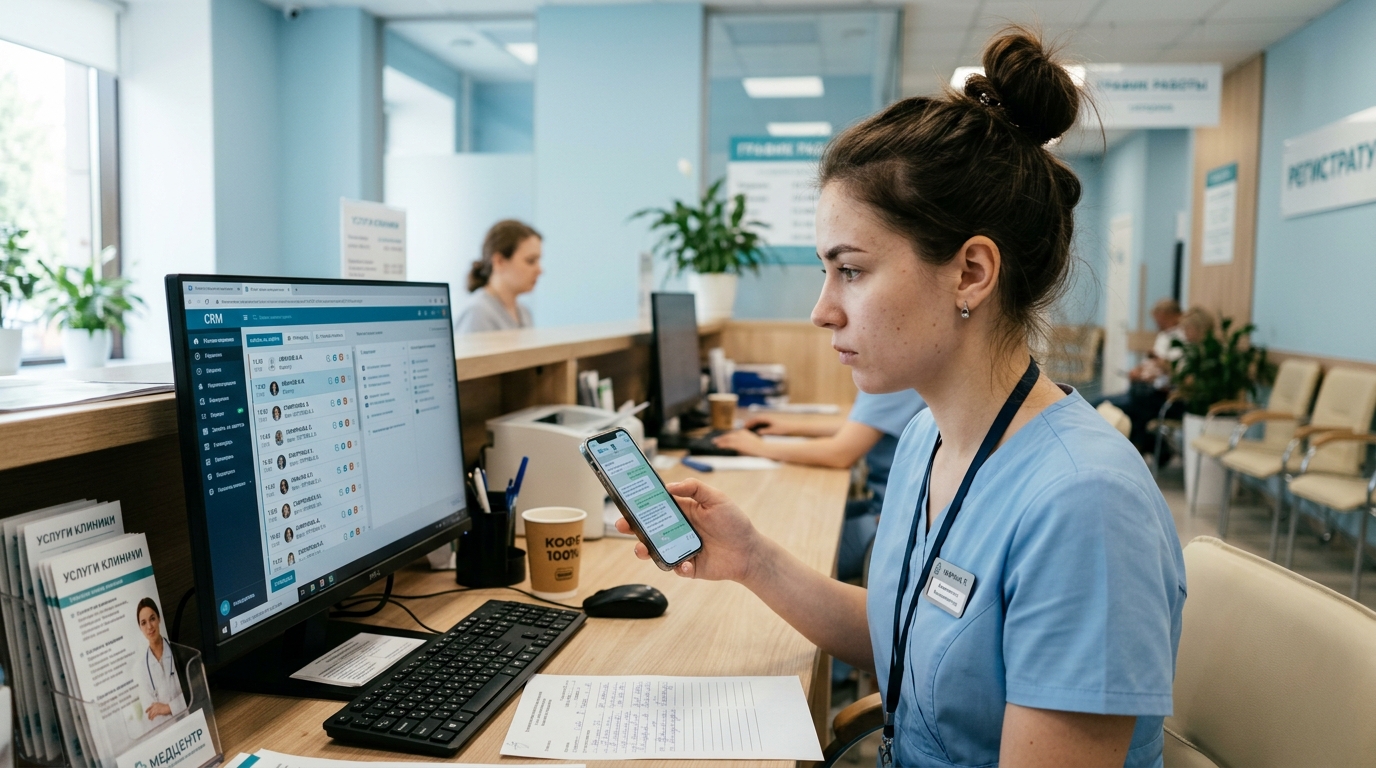 Администратор клиники смотрит на монитор с CRM и смартфон с мессенджером, автоматически записывающим клиентов