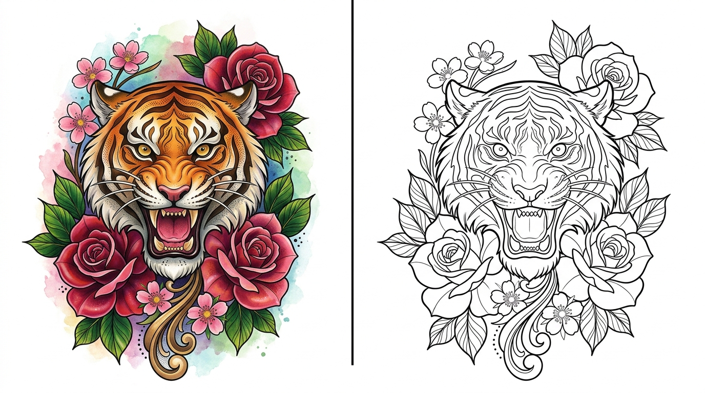 Конвертация цветного эскиза тату в чёрно-белый трафарет с помощью ИИ