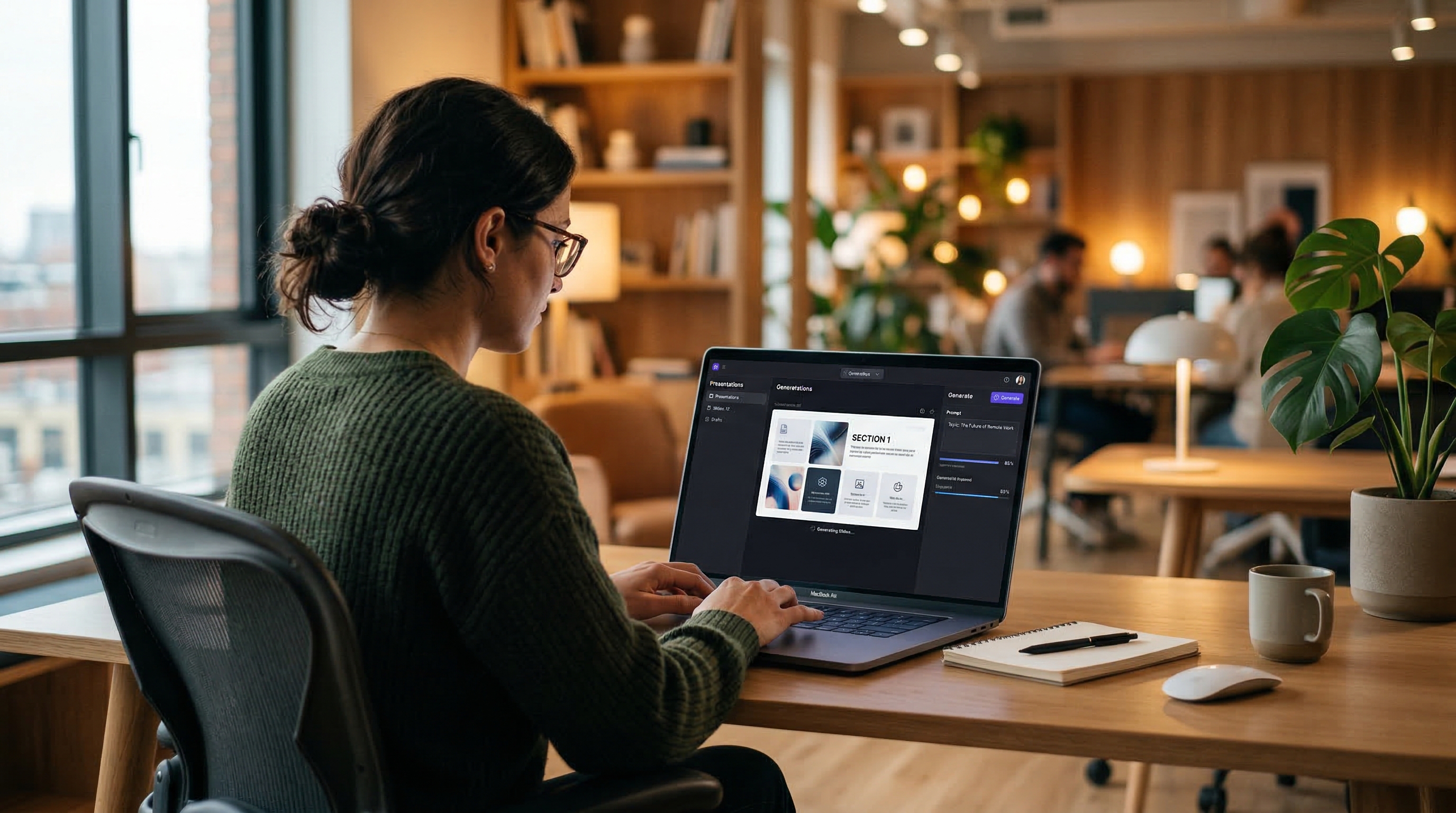 Девушка создаёт презентацию с помощью нейросети на ноутбуке