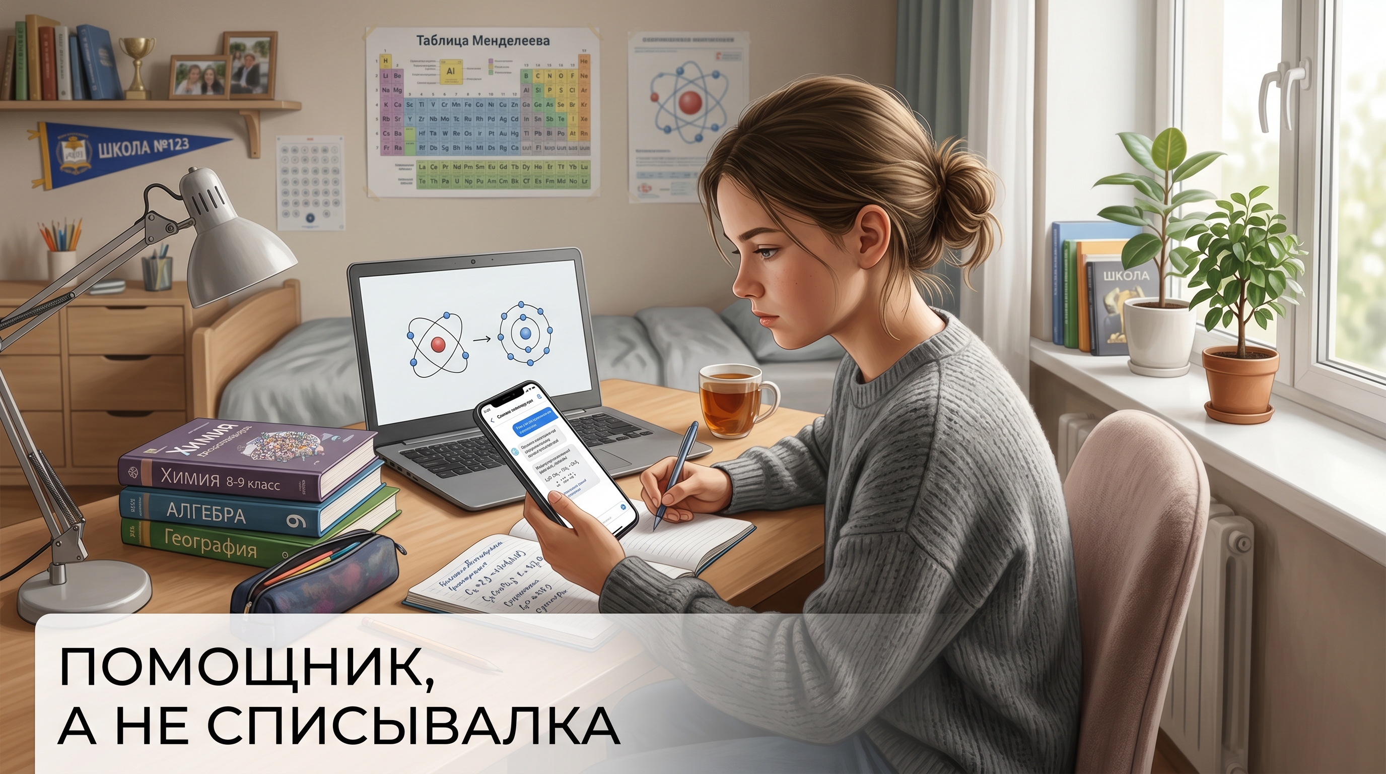 Школьница с ноутбуком и телефоном, на телефоне открыт учебный AI-чат, рядом учебники и тетрадь — иллюстрация про правильное использование нейросети