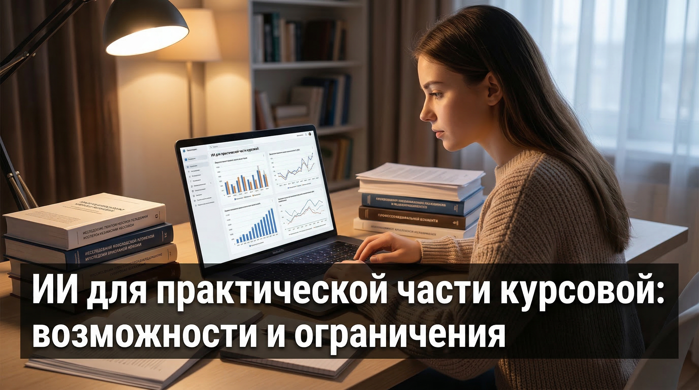ИИ для практической части курсовой: возможности и ограничения — студентка работает с данными на ноутбуке