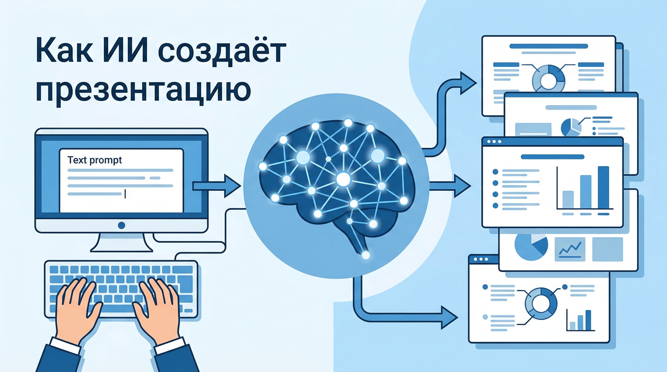Схема работы ИИ: пользователь вводит тему, нейросеть обрабатывает запрос и выдаёт готовые слайды