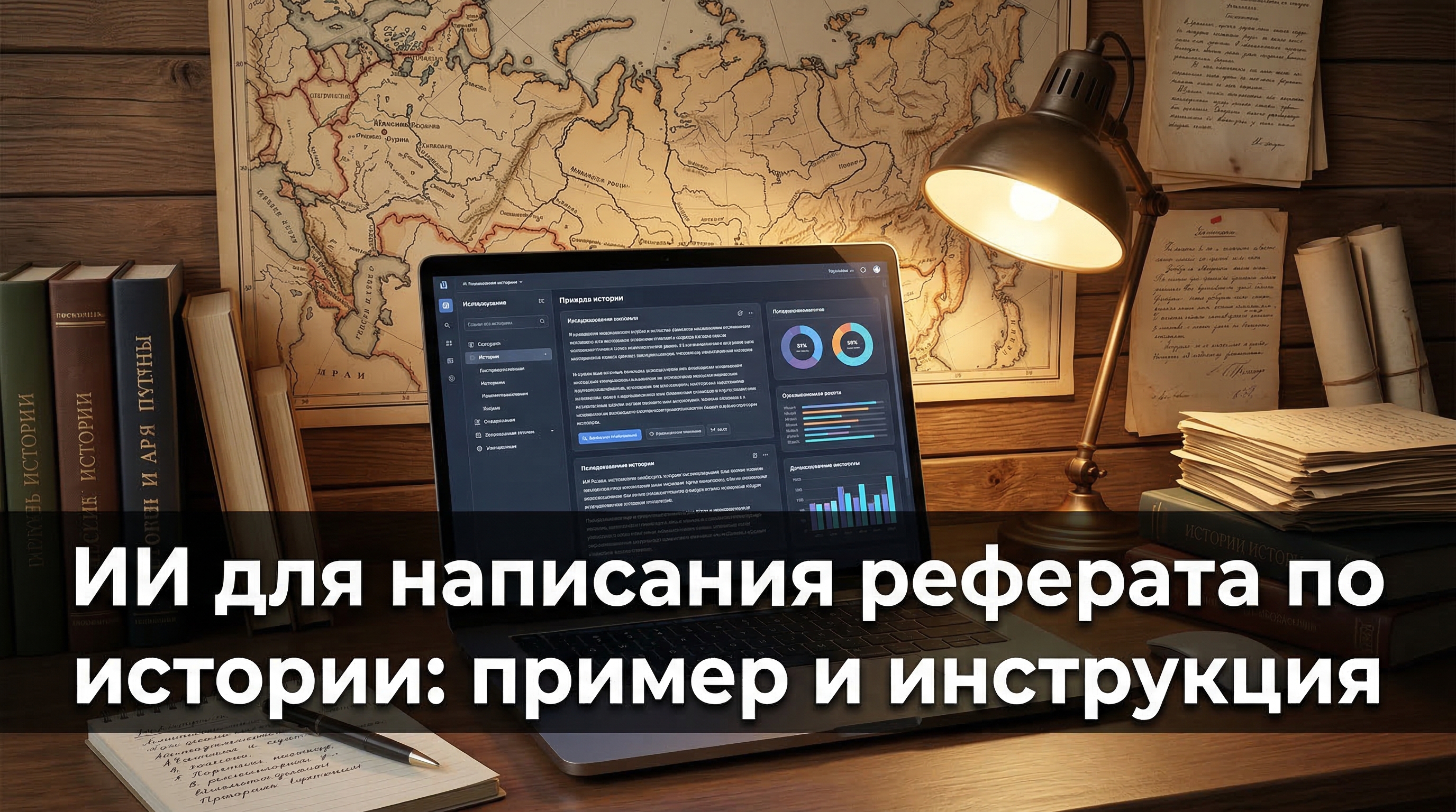 ИИ для написания реферата по истории — обложка статьи с ноутбуком, историческими книгами и картами