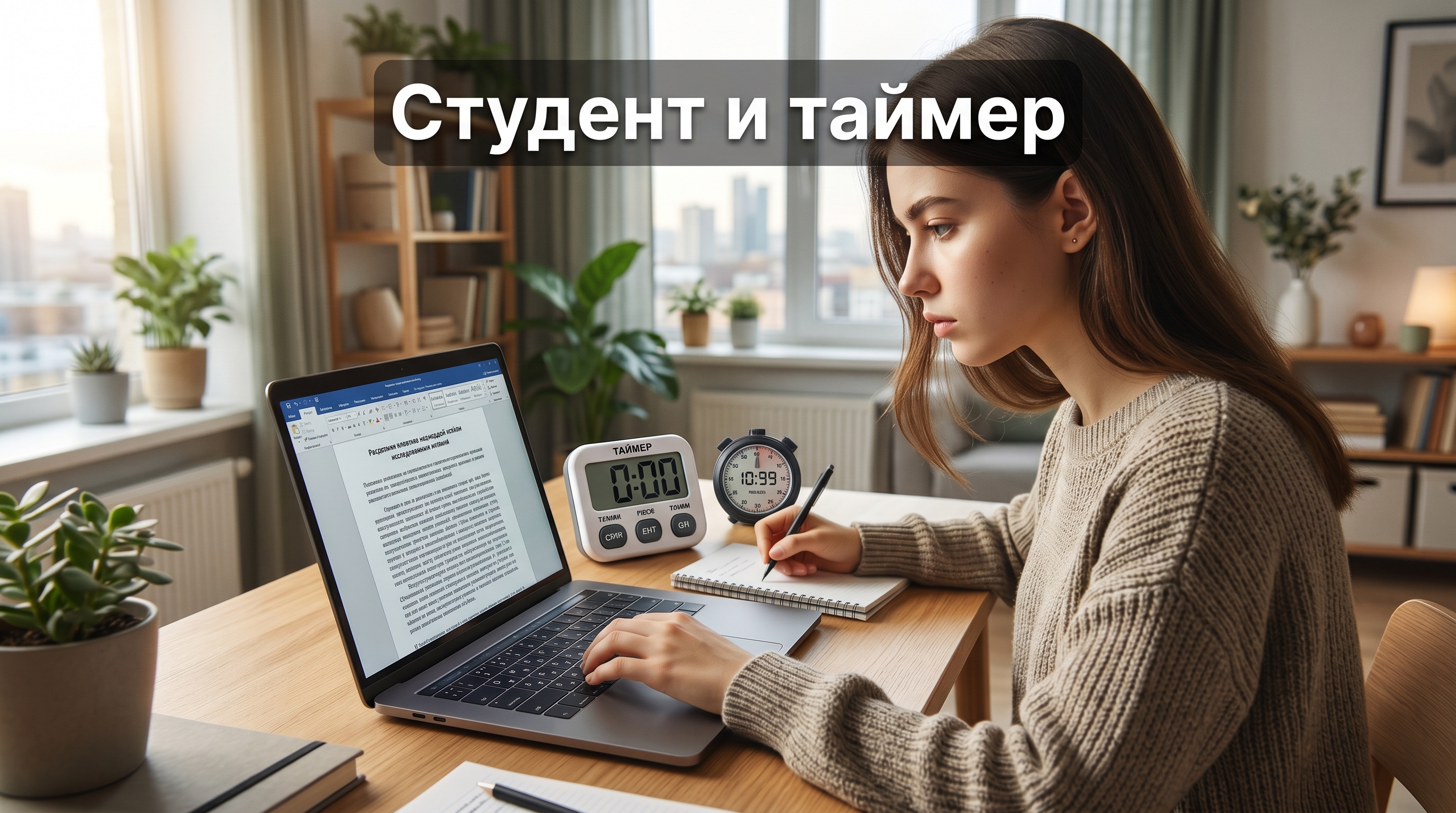 Студент с таймером за ноутбуком — концентрация на учебной задаче