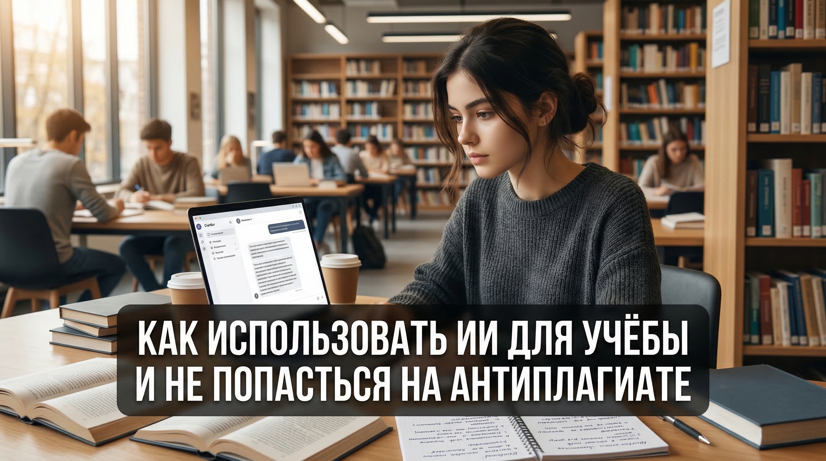 Как использовать ИИ для учёбы и не попасться на антиплагиате — студентка с ноутбуком в библиотеке