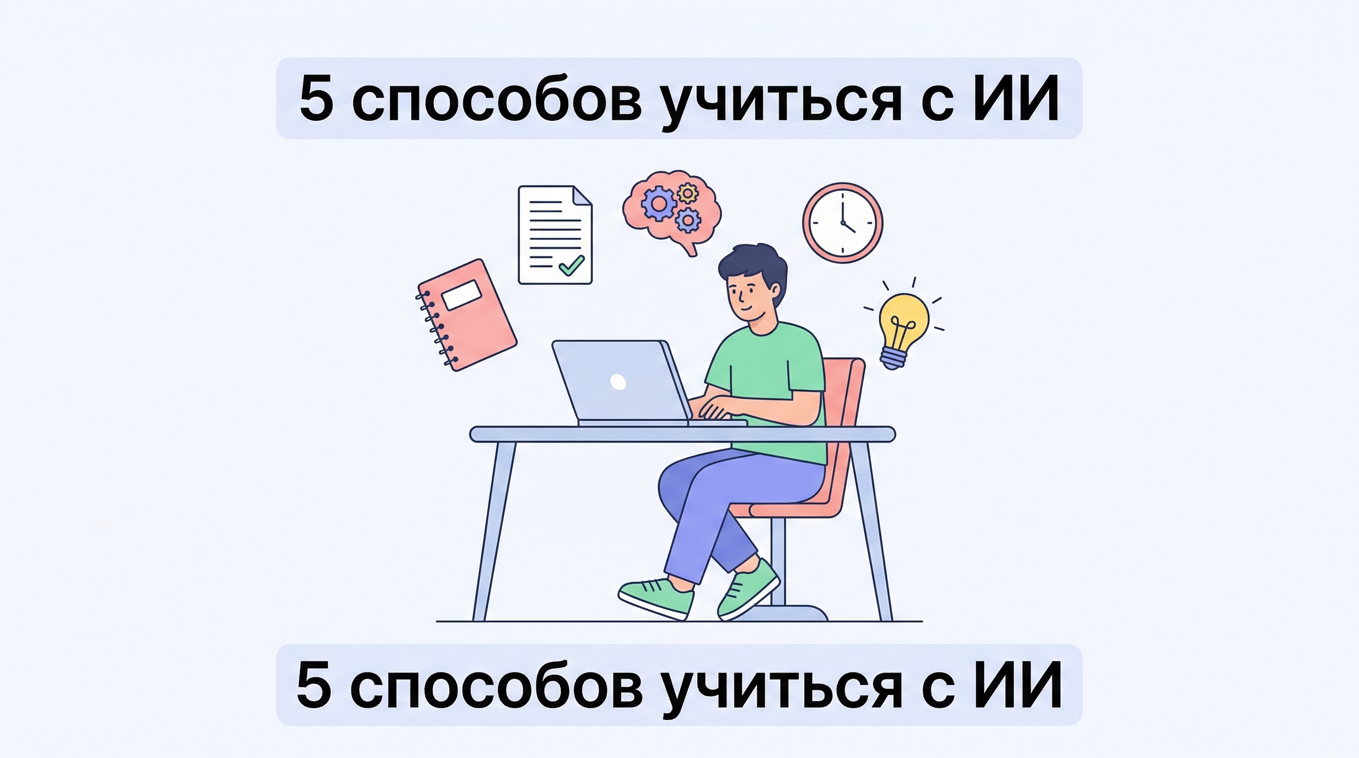 5 способов учиться с ИИ — студент за ноутбуком с иконками учёбы