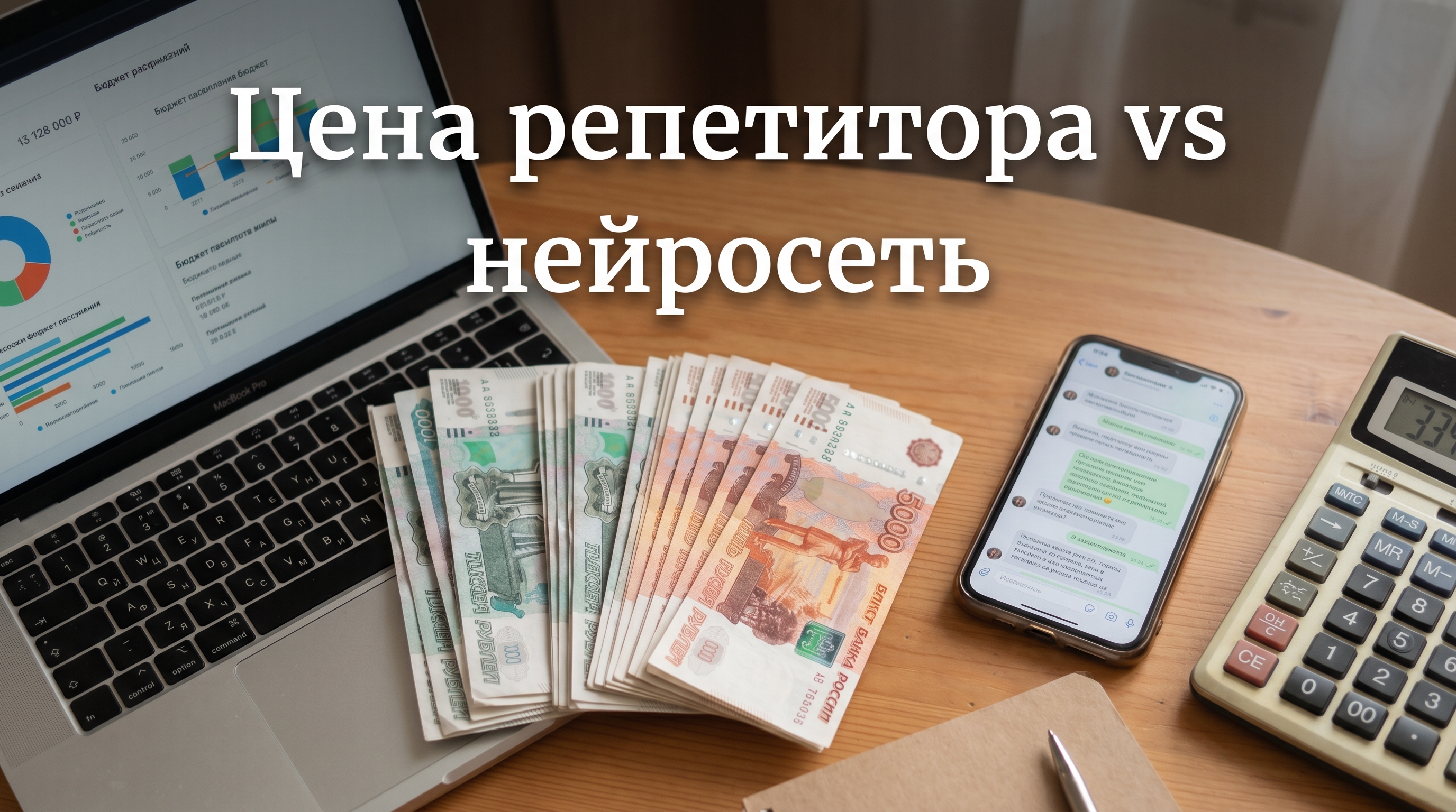 Цена репетитора vs нейросеть — стопка пятитысячных купюр, ноутбук с диаграммами бюджета и калькулятор