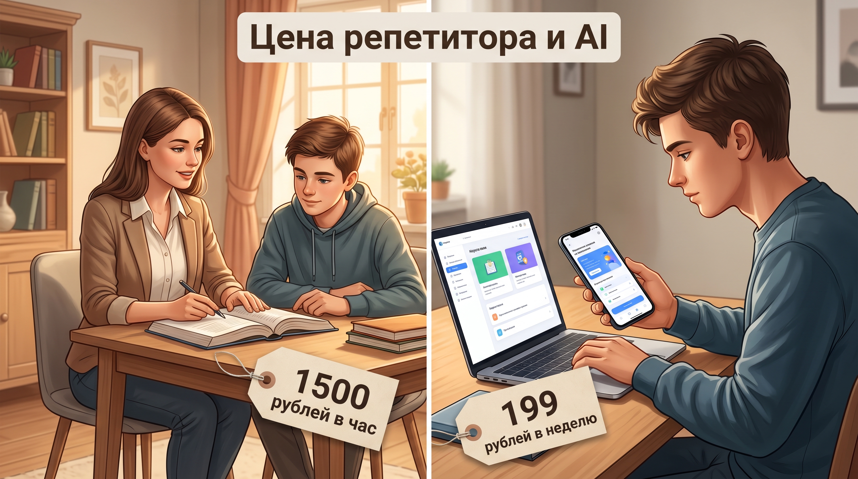 Сравнение цены репетитора 1500 рублей в час и AI-подписки 199 рублей в неделю