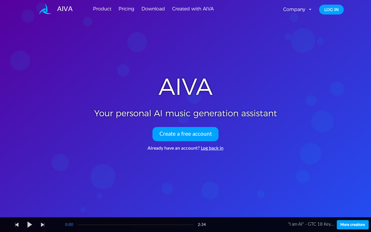 Скриншот главной страницы AIVA — ИИ-композитор для создания музыки