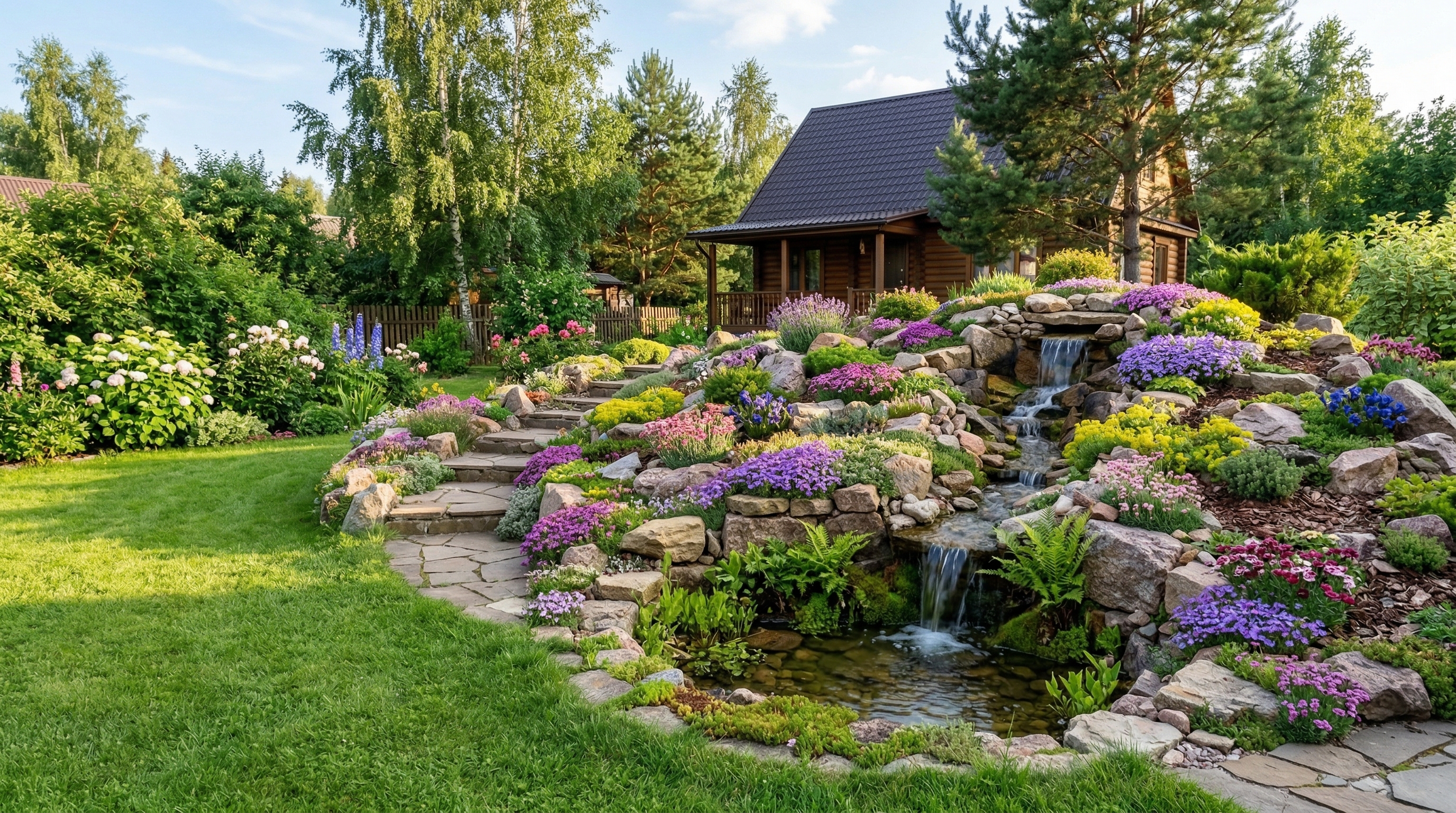 Альпийская горка с натуральными камнями и горными растениями