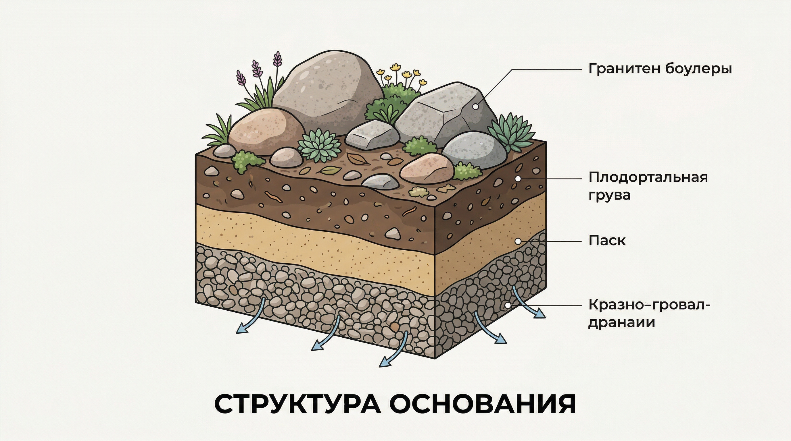 Структура основания — слои дренажа для альпийской горки
