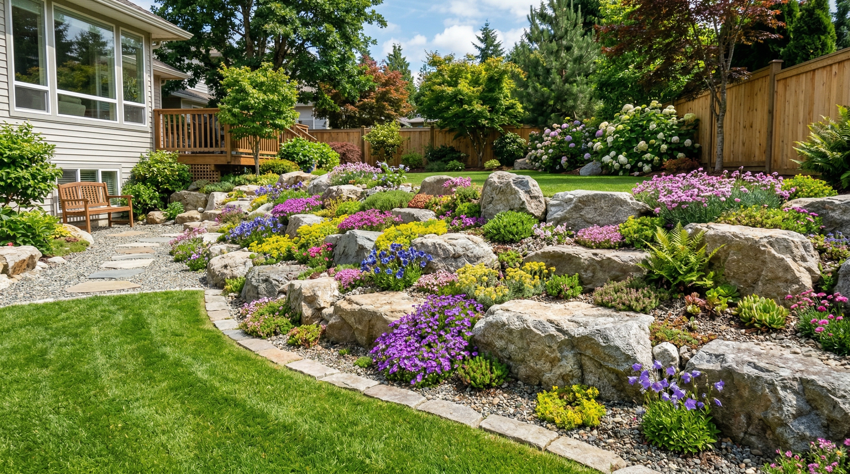 Готовая альпийская горка на загородном участке с цветущими растениями