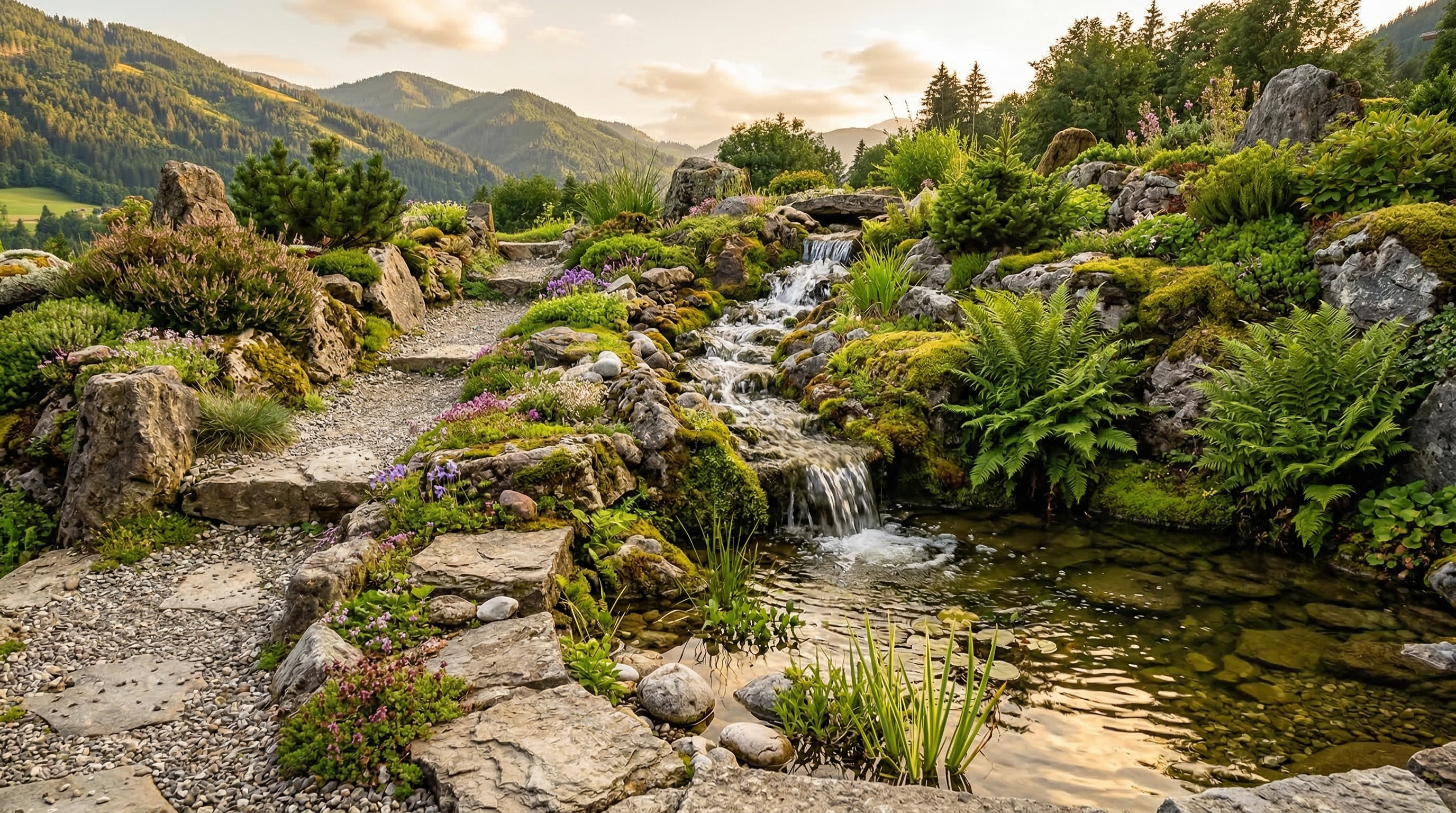 Альпийская горка с водопадом и прудом — камни, папоротники, мхи