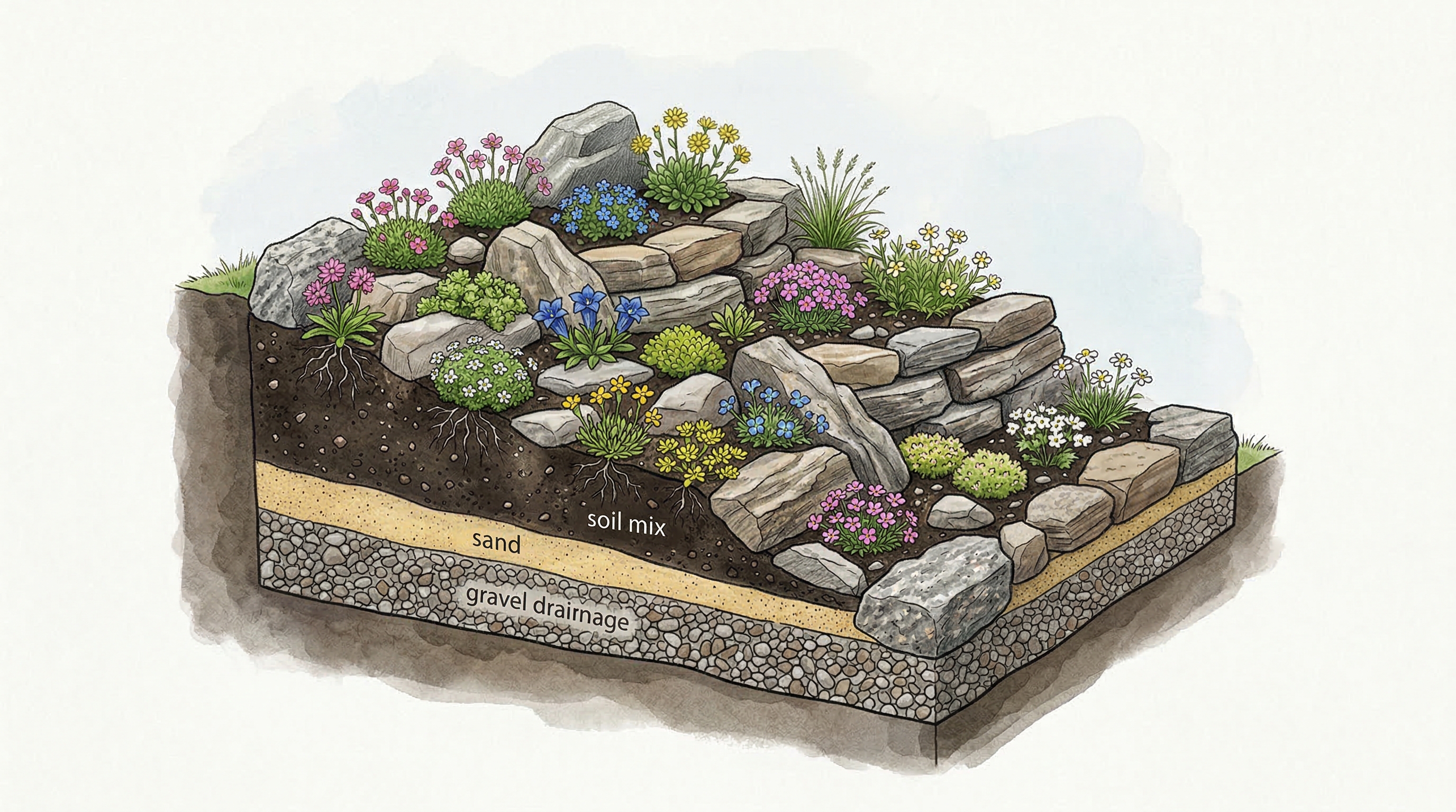 Схема слоёв альпийской горки: дренаж, песок, грунтовая смесь