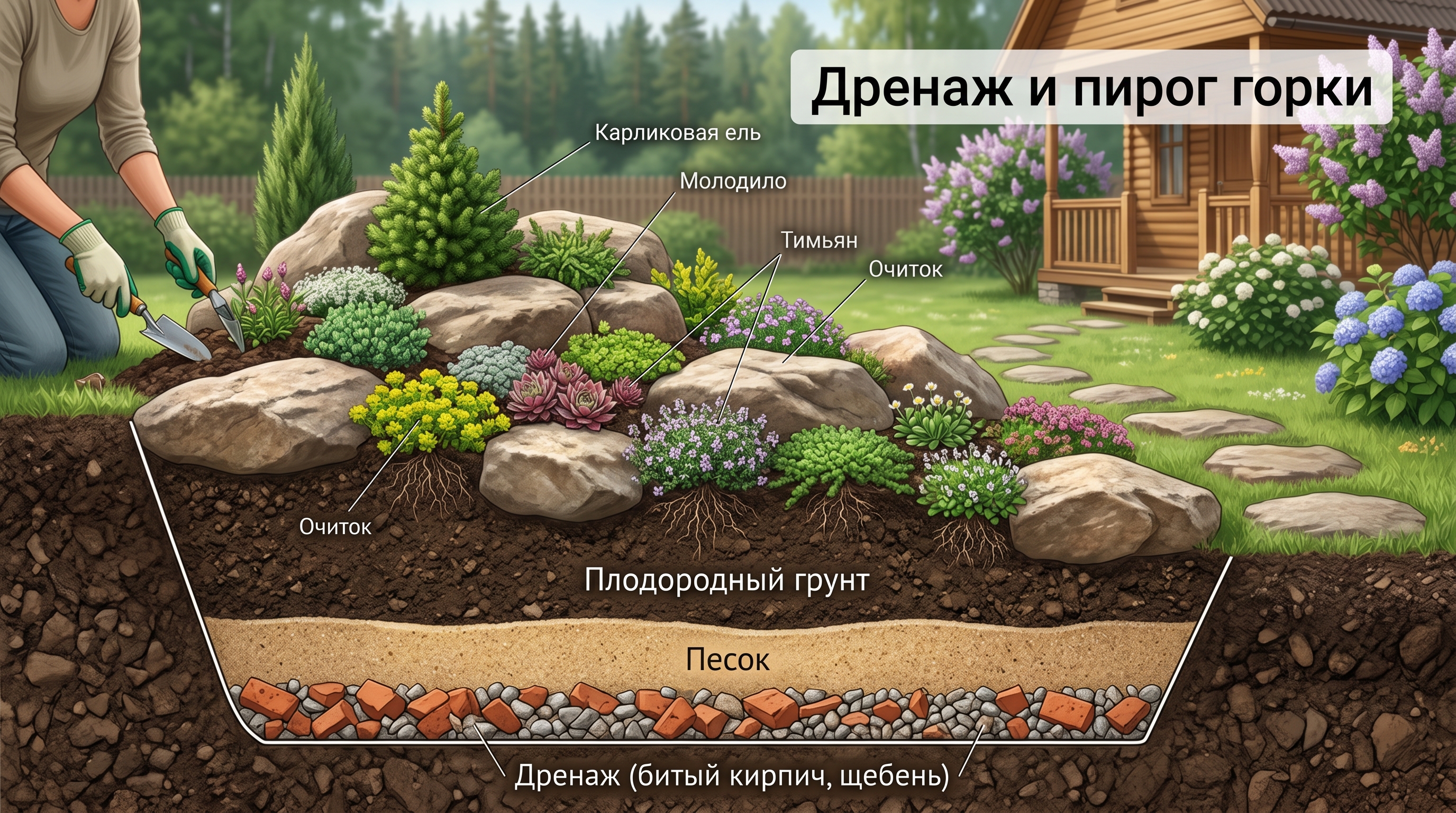 Схема дренажа альпийской горки в разрезе с подписями растений