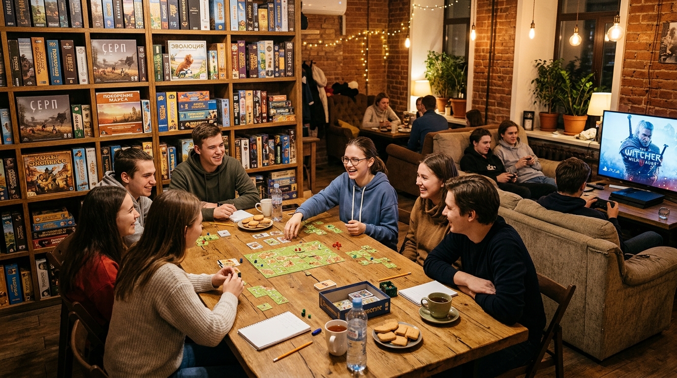 Игровая зона антикафе — компания играет в настольные игры, полки с настолками, приставка у дивана