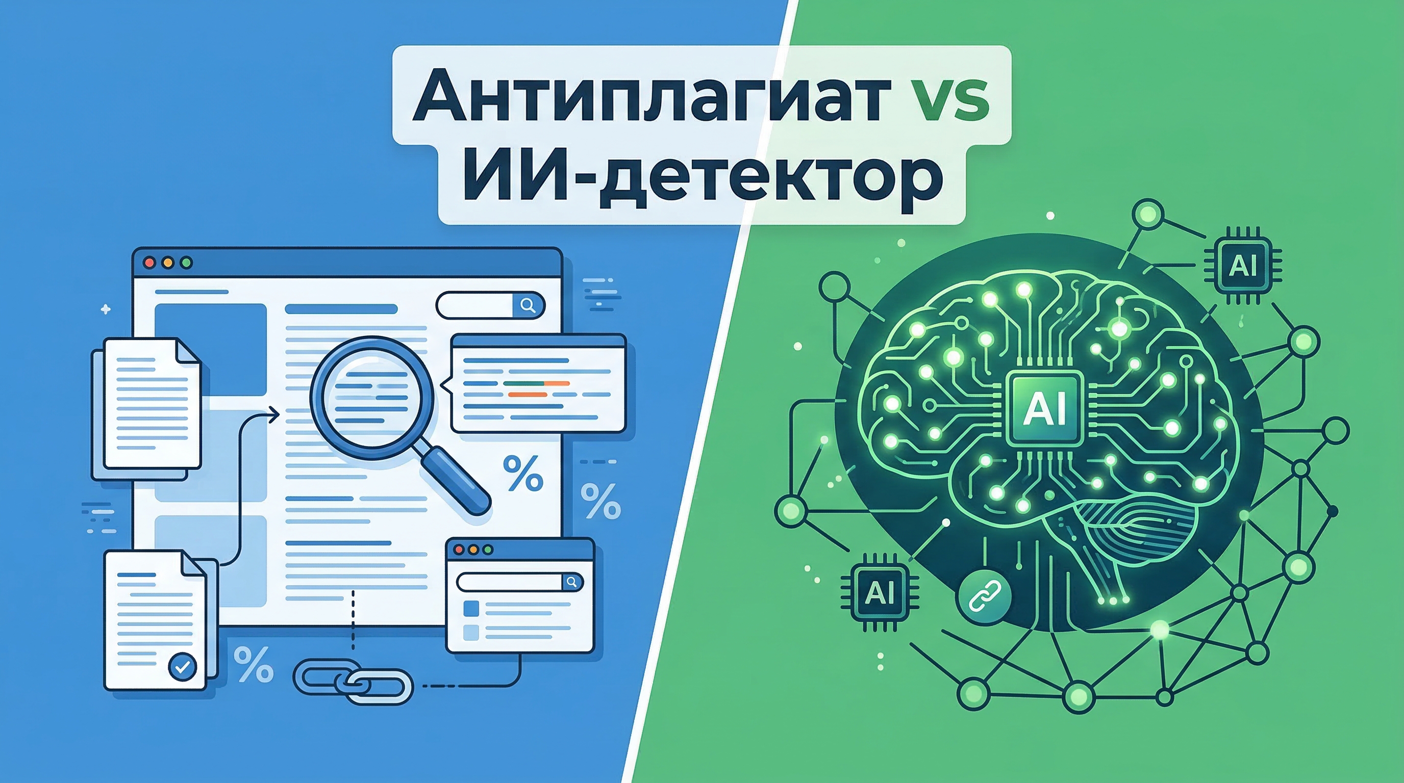 Разница между антиплагиатом и ИИ-детектором — схема сравнения