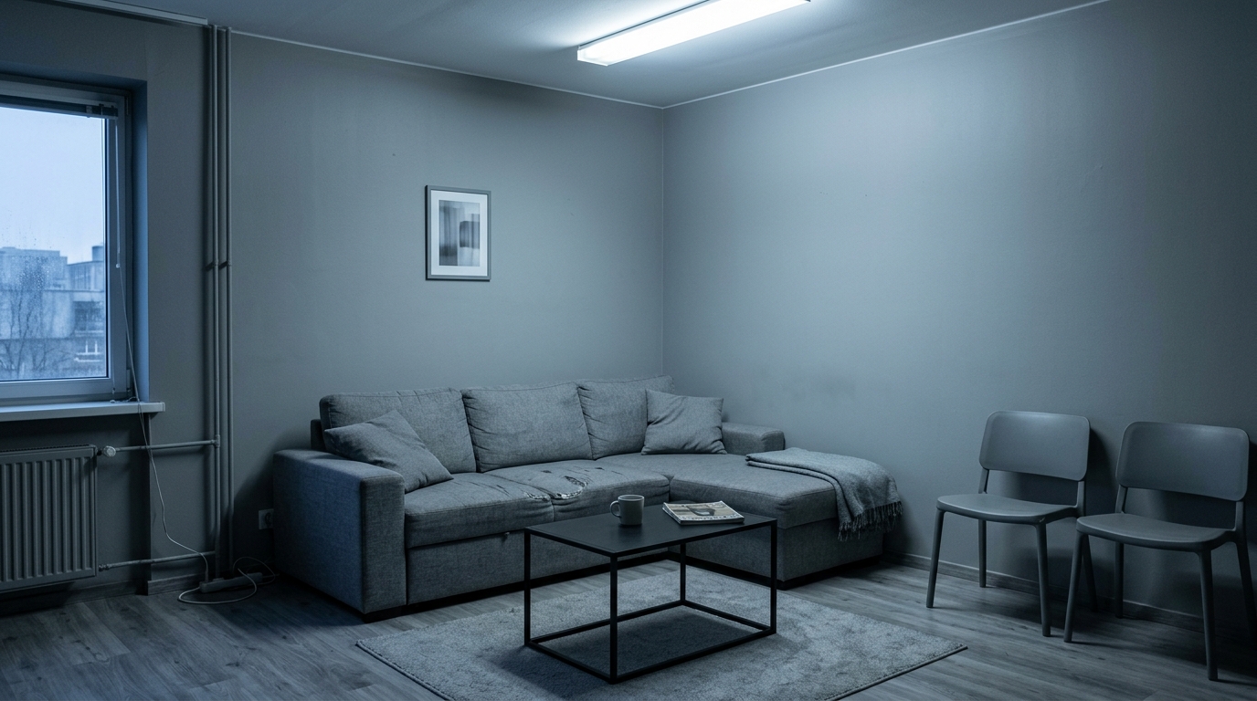 Интерьер в холодных серых тонах — пример антитренда 2026 года