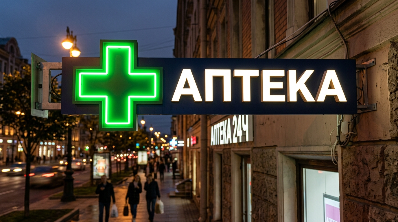 Вывеска аптеки с зелёным крестом