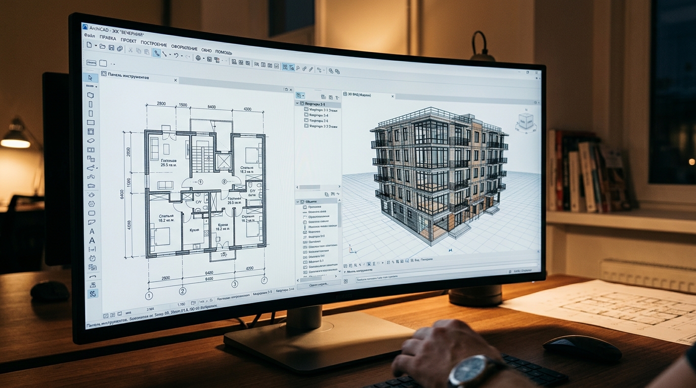Интерфейс ArchiCAD на мониторе: план этажа и 3D-модель дома