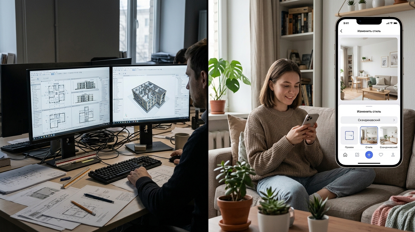 Сравнение: профессиональный ArchiCAD на двух мониторах и AI-приложение для квартиры на телефоне