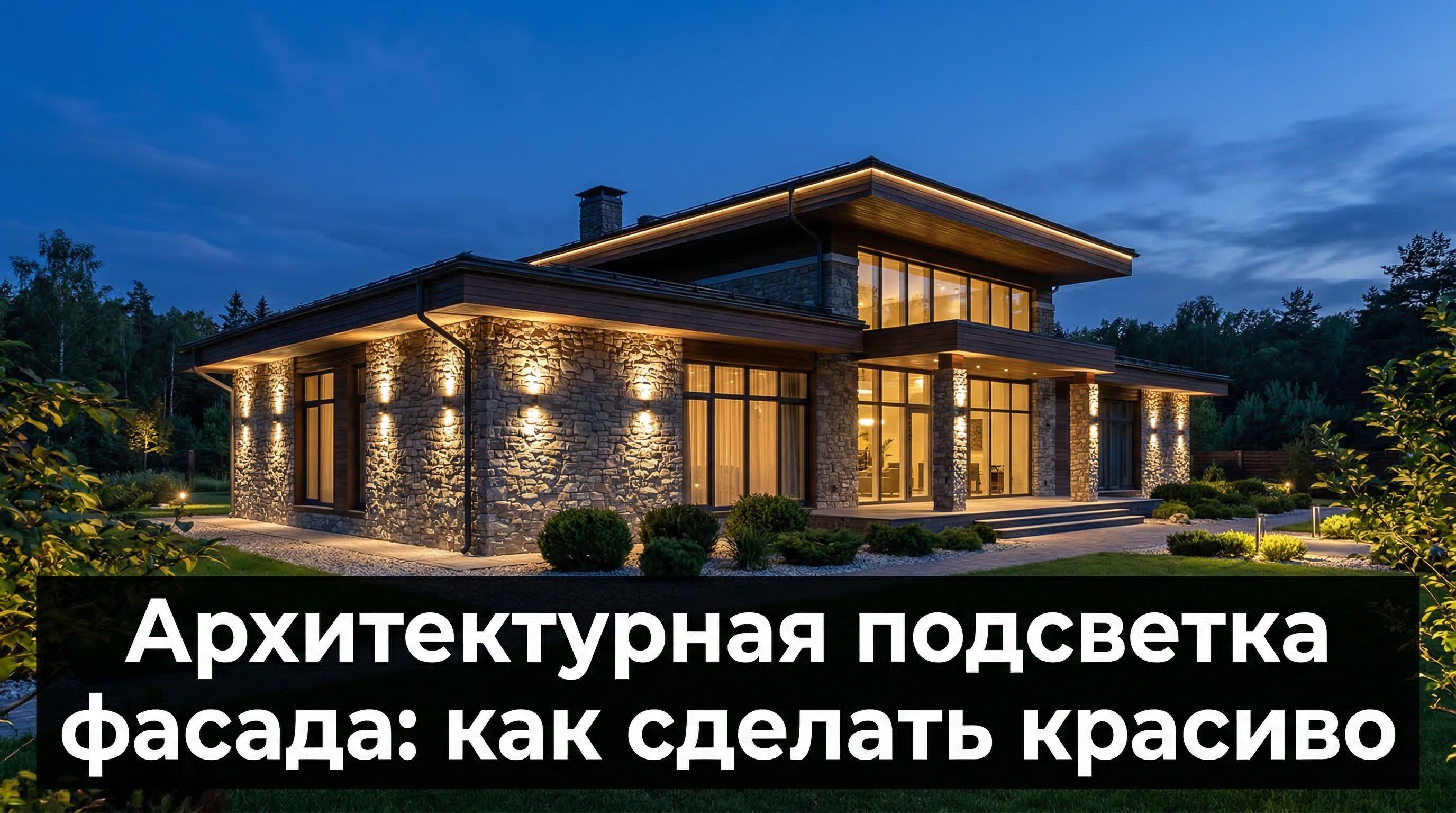 Архитектурная подсветка фасада частного дома — красивый вечерний вид