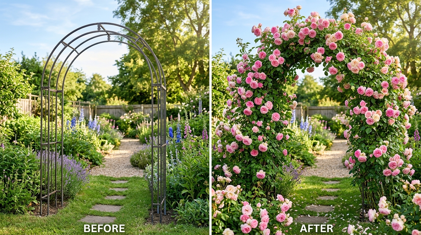 Садовая арка с плетистыми розами: до и после озеленения