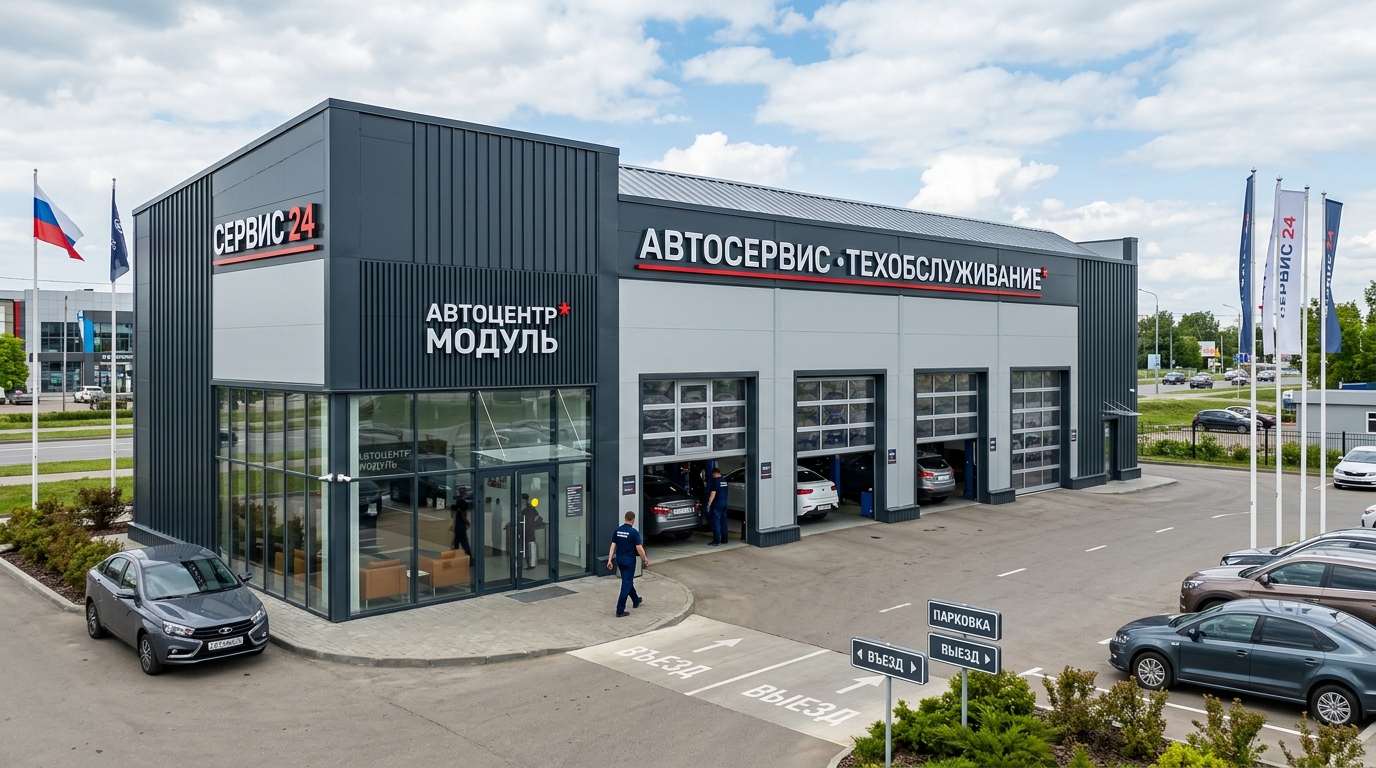 Современный модульный фасад автосервиса из сэндвич-панелей с большими стеклянными воротами