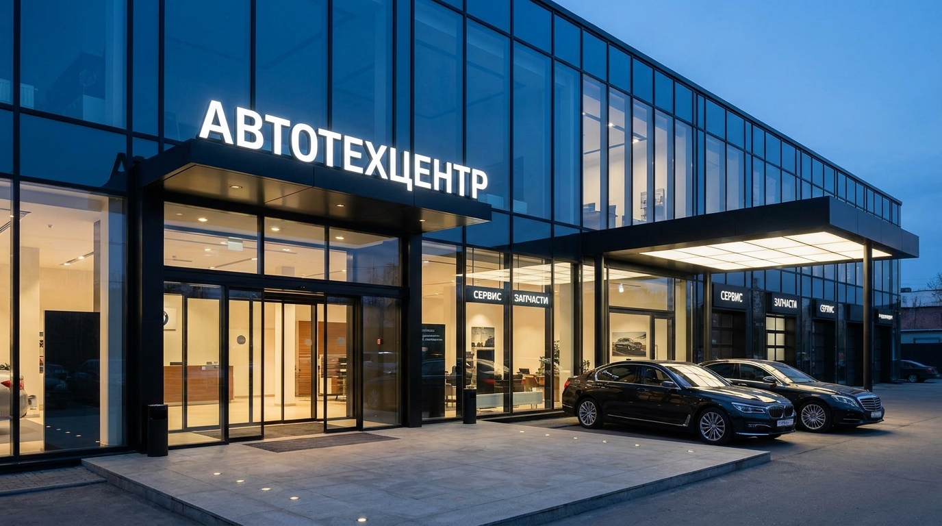 Премиум автосервис с панорамным остеклением, чёрными алюминиевыми рамами и LED-вывеской