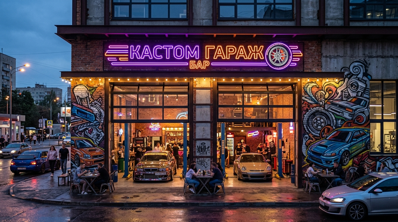 Тюнинг-ателье в стиле гараж-бара с граффити, неоновой подсветкой и открытыми воротами-витринами