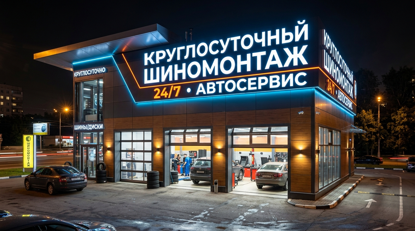 Современный шиномонтаж 24/7 с яркой LED-подсветкой и большой буквенной вывеской на фасаде