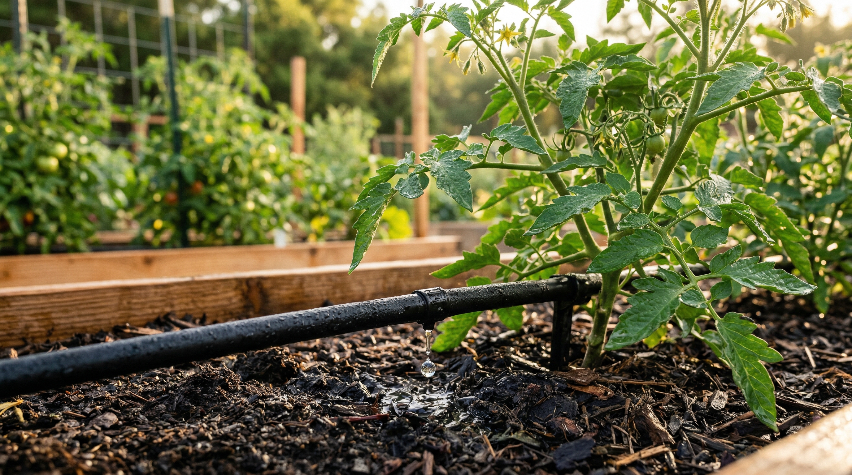 Капельный полив грядок: вода подаётся прямо к корням растений