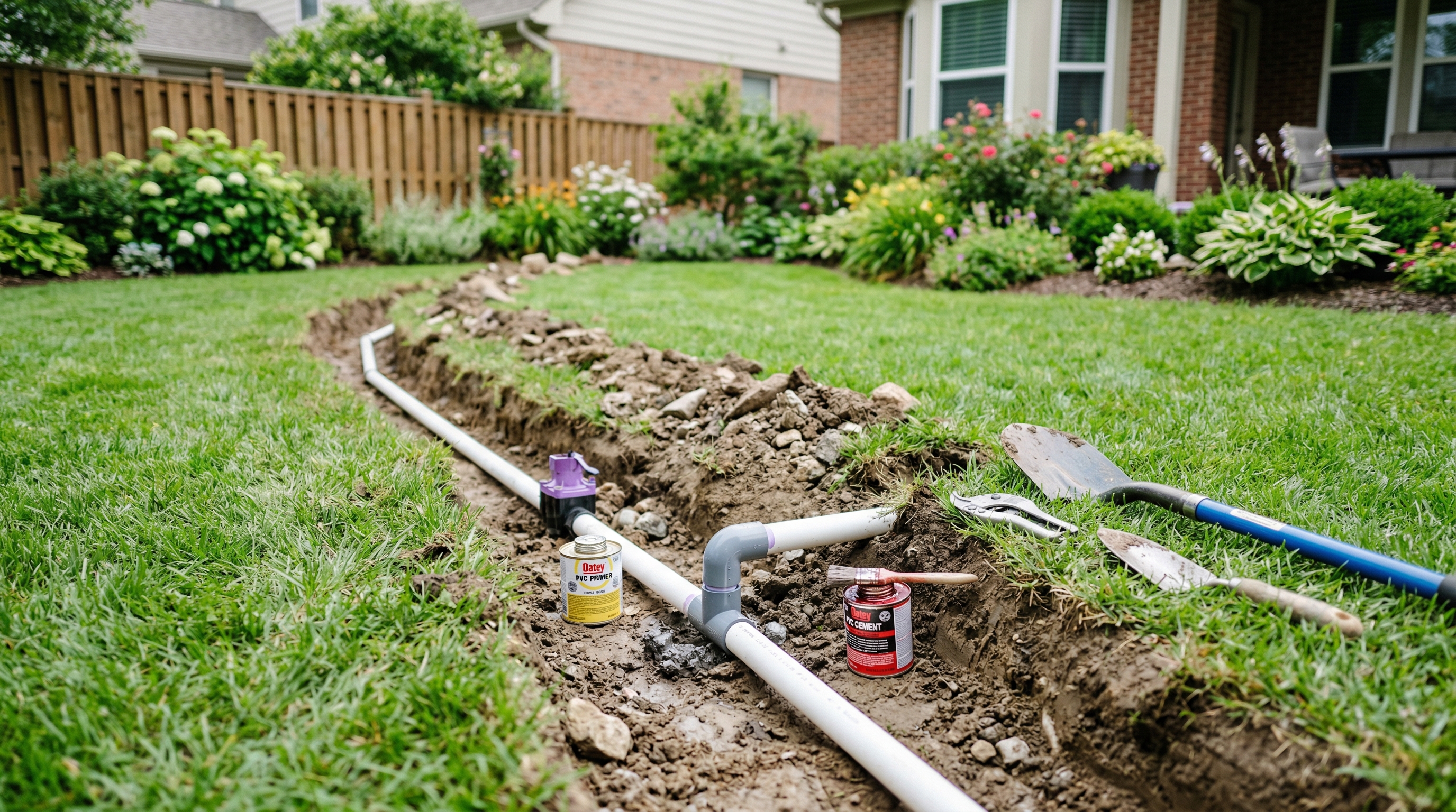 Монтаж системы автополива: укладка труб в траншею