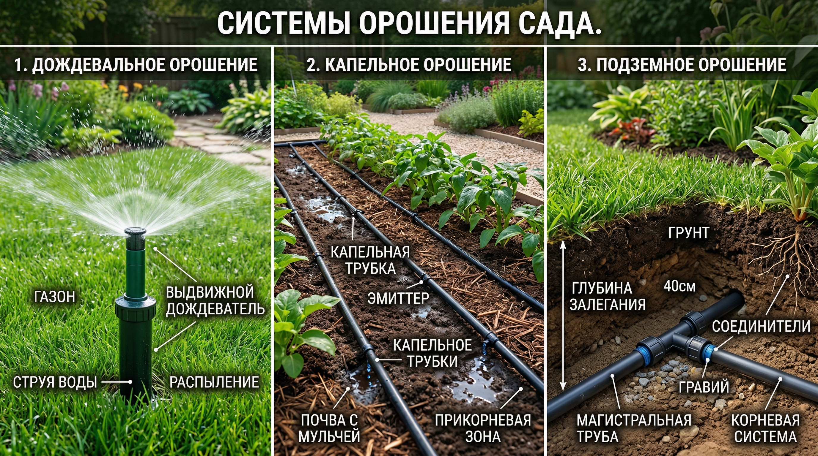 Сравнение типов систем полива: дождевание, капельный, подземный
