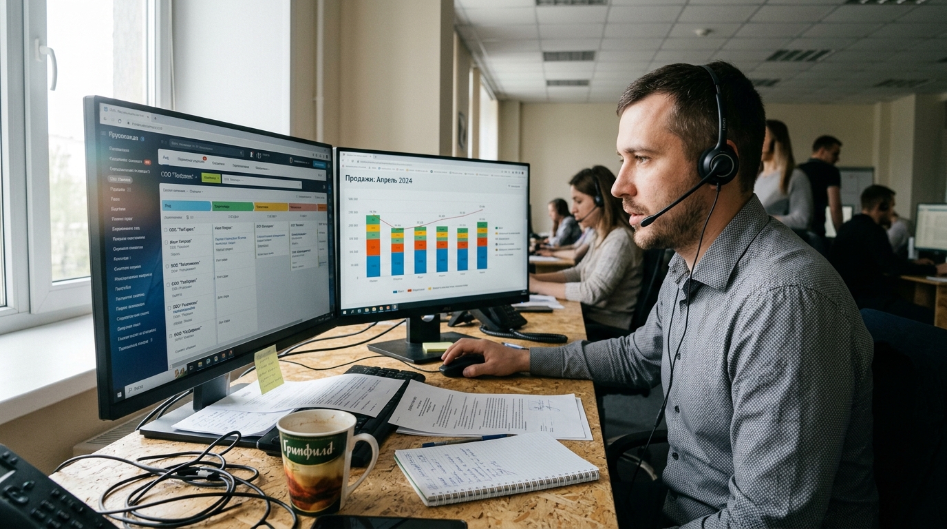 B2B-офис продаж — менеджер с гарнитурой за компьютером с CRM