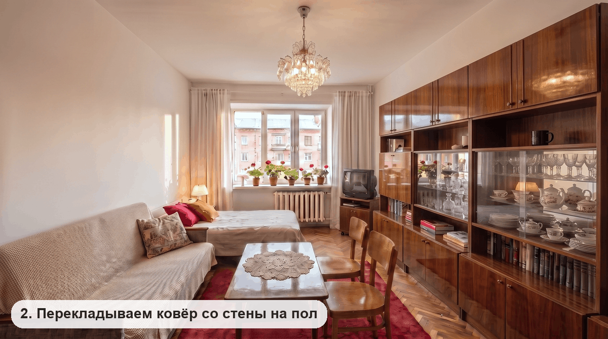 Красный ковер снят со стены и постелен на паркет под диваном