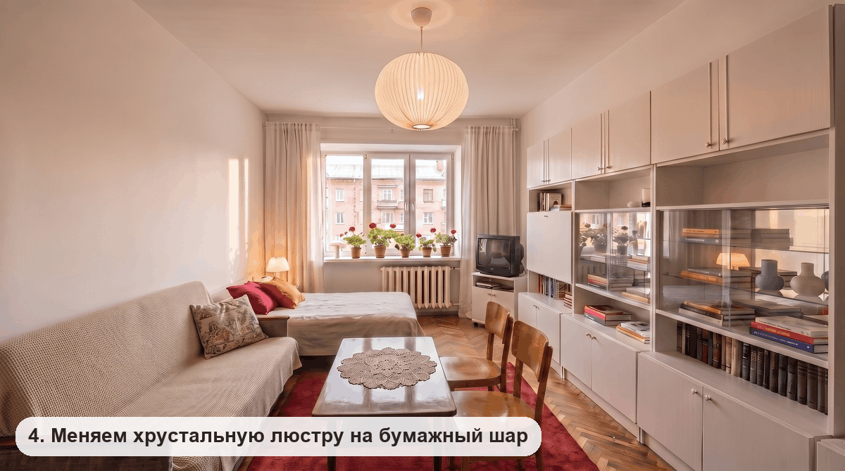 Под потолком большой белый бумажный шар на месте хрустальной люстры
