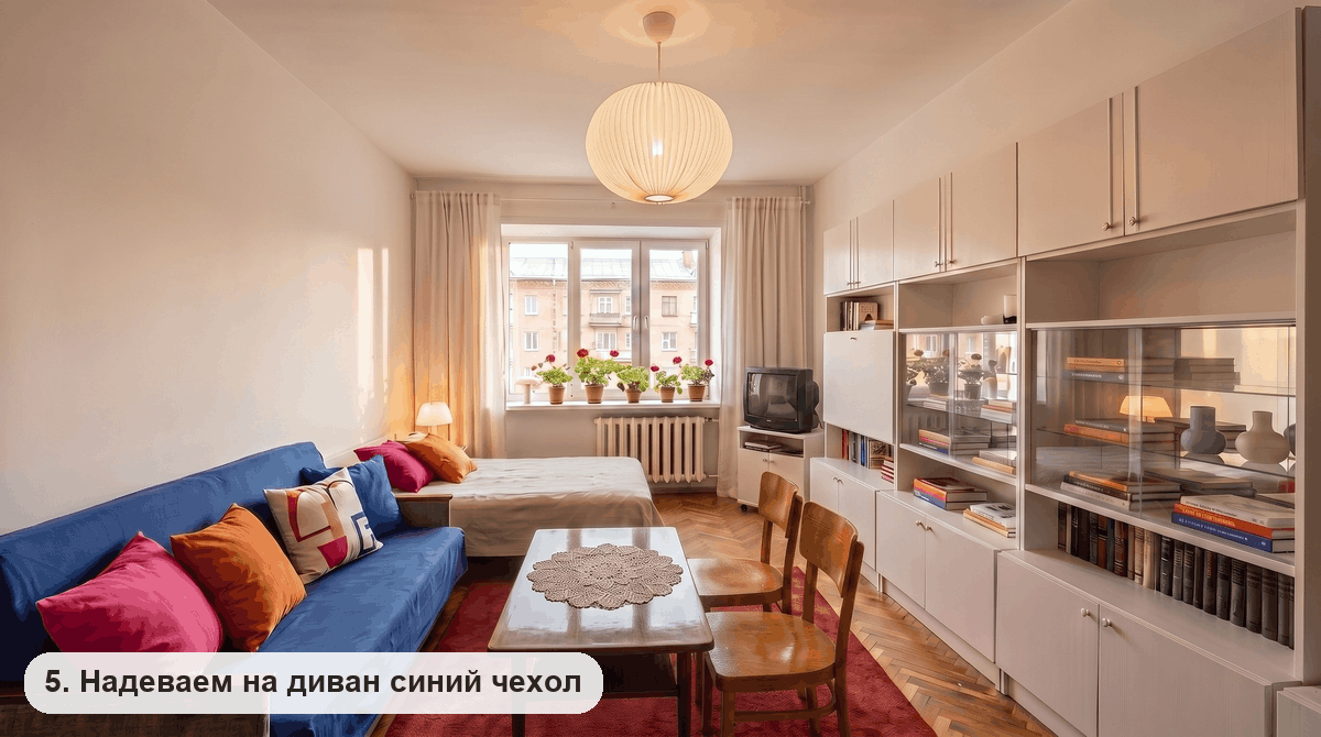 Старый диван в кобальтово-синем чехле с розовой, оранжевой, белой и синей подушками
