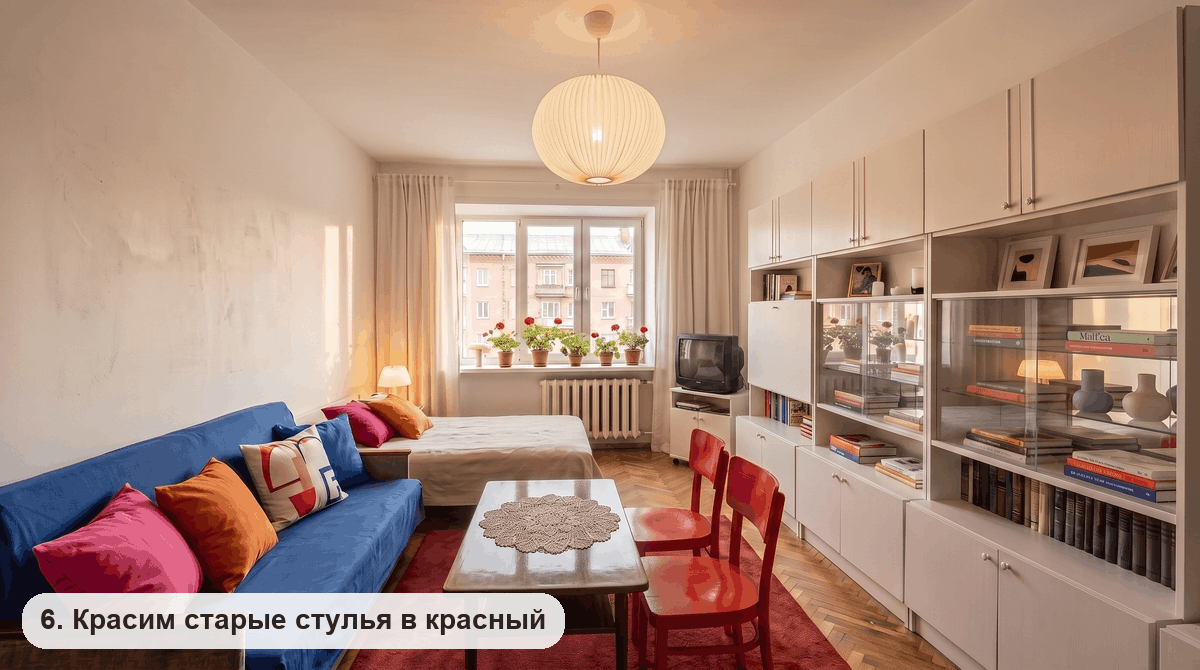 Два старых деревянных стула, перекрашенные в глянцевый красный