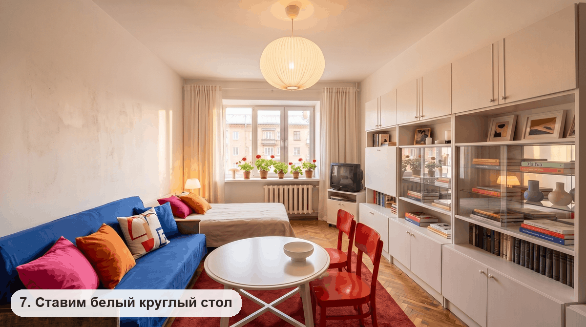 Белый круглый журнальный стол на крестовине между двумя диванами